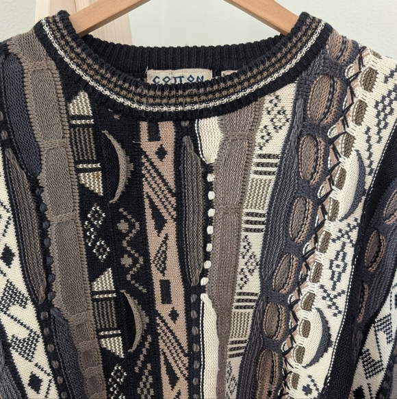 Vintage 90's Coogi Style Abstract Textured Chunky Crewneck Sweater In Black/Gray - Picture 7 of 10